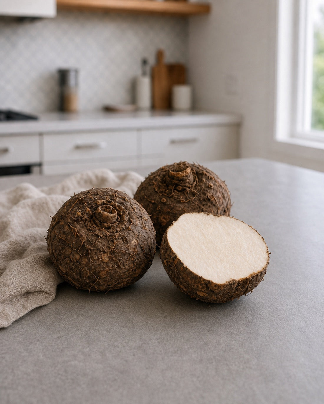 Whole konjac corms, one cut open