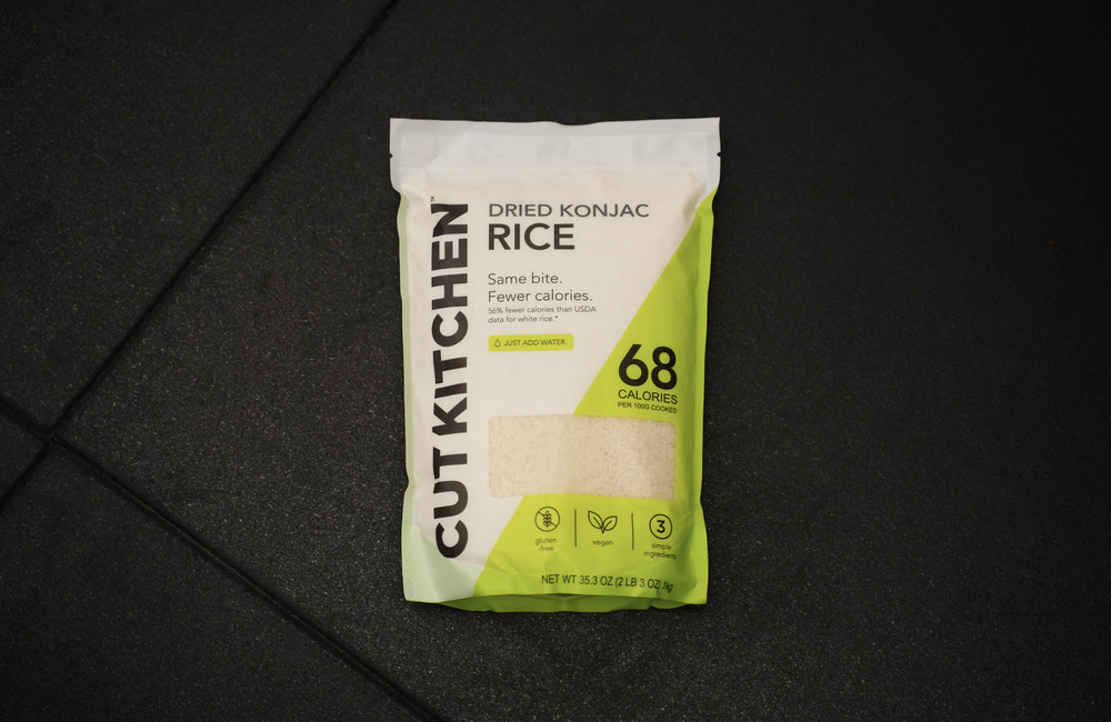 Cut Kitchen Dried Konjac Rice bag on a black padded mat