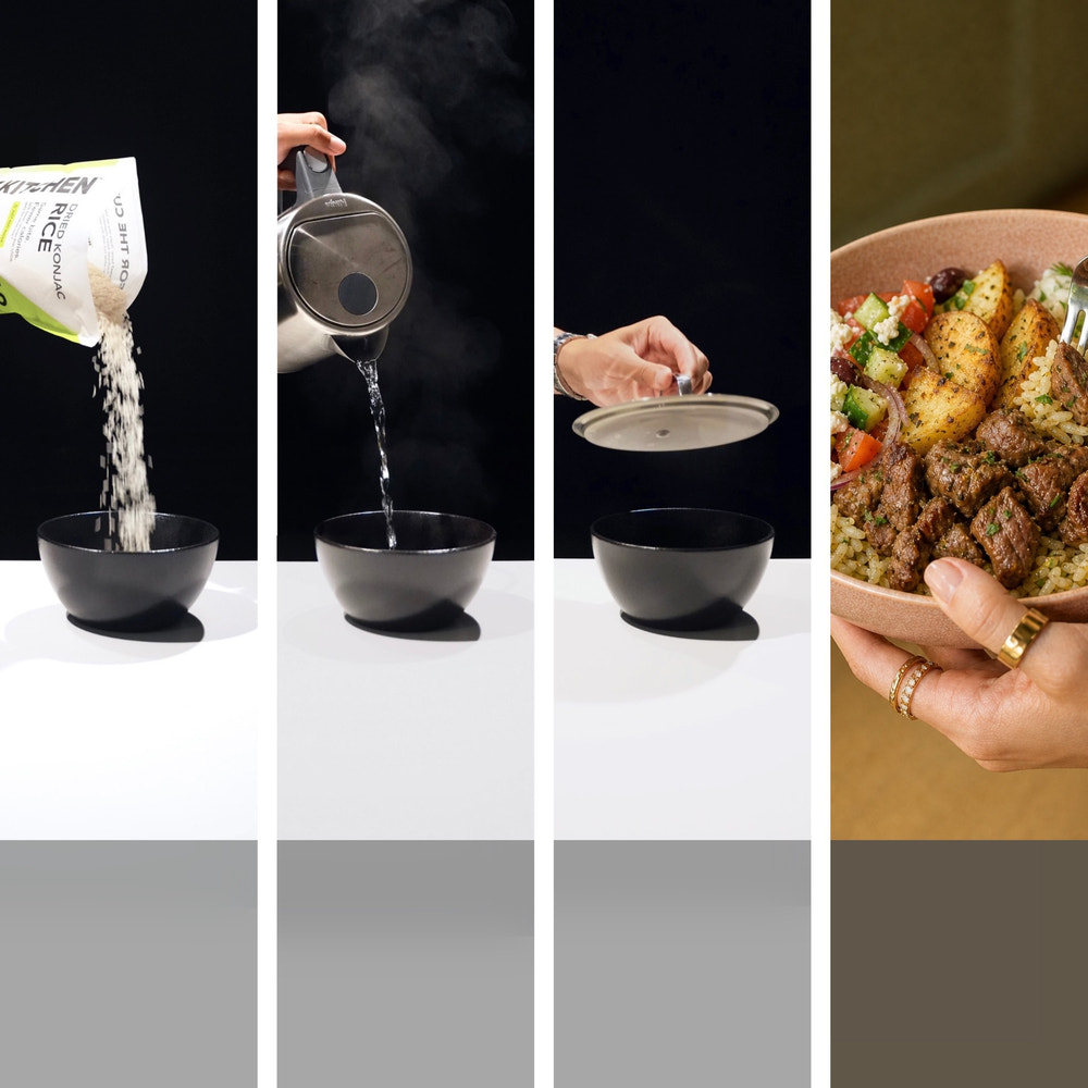 Four preparation steps: pour rice into a bowl, add boiling water, cover for 15 minutes, then fluff and enjoy
