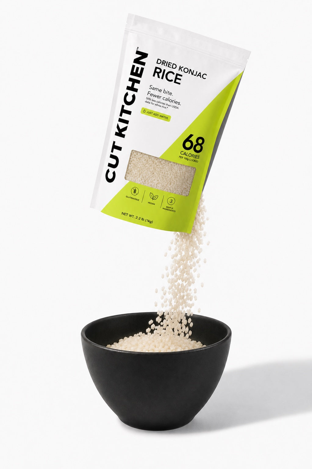CUT KITCHEN rice pouring from the bag into a ceramic bowl