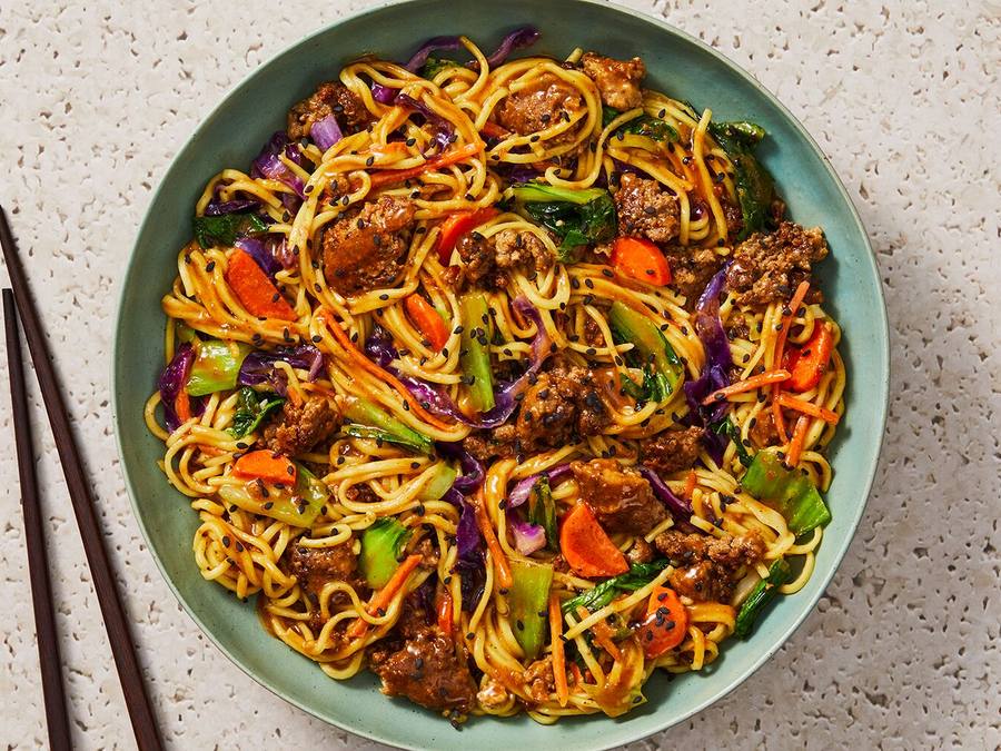 Beef and Pork Chow Mein with Soy-Peanut Sauce