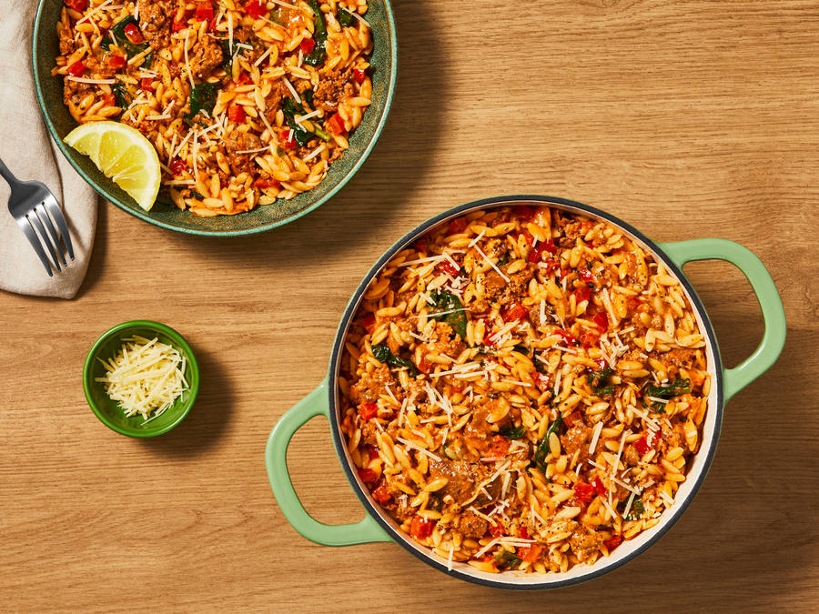 One-Pot Garlicky Turkey and Tomato-Pesto Orzo