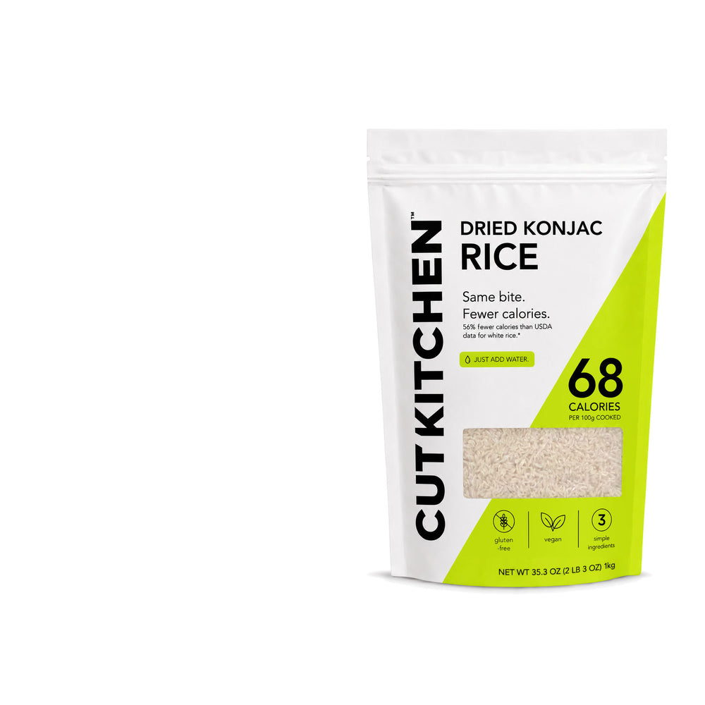 Cut Kitchen Dried Konjac Rice: same bite, fewer calories — 56% fewer calories than white rice (70 versus 160 per uncooked serving, USDA data), 68 calories per 100 g cooked, just add water