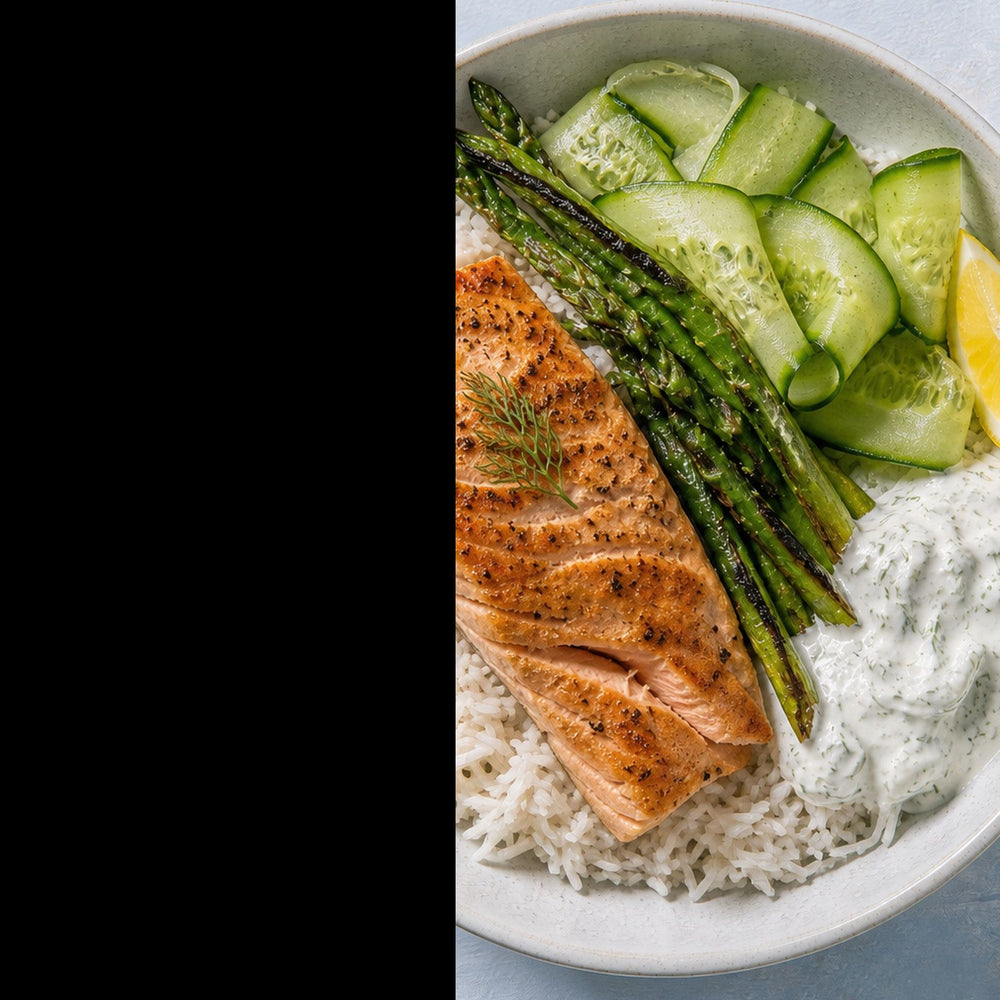 Rice, made simpler — Cut Kitchen rice served with salmon and asparagus, with no draining, babysitting or pot to scrub