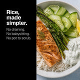 Rice, made simpler — Cut Kitchen rice served with salmon and asparagus, with no draining, babysitting or pot to scrub