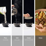 Four preparation steps: pour rice into a bowl, add boiling water, cover for 15 minutes, then fluff and enjoy