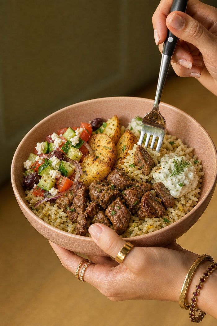 A Greek lamb and rice bowl with roasted potatoes and salad