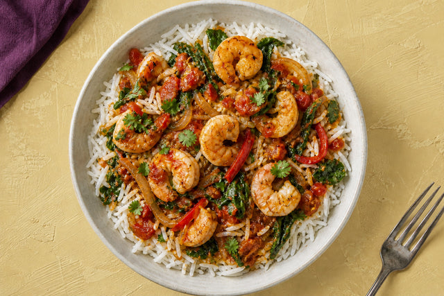 Indian Tomato-Spinach Shrimp Rice Bowl