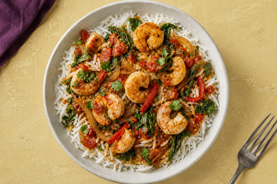Indian Tomato-Spinach Shrimp Rice Bowl