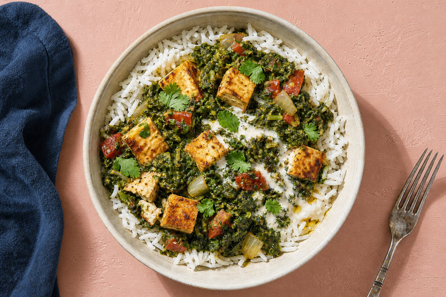 Creamy Vegan Palak Tofu Rice Bowl